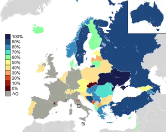 Map of countries in Europe, North Africa and Western Asia, with Australia as an insert in the top-right corner, shaded to indicate their semi-final qualification rates: countries with high rates are shown in shades of blue, while countries with low rates are shown in shades of red and orange