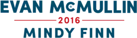 McMullin's campaign logo, with the name "EVAN MCMULLIN" in large blue letters on top, the number "2016" breaking a red horizontal line in the middle, and the name "MINDY FINN" in smaller blue letters on bottom