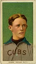 A man with blonde hair wearing a grey baseball uniform with a blue collar and the word "CUBS" on his chest in front of a green background