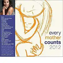 On the cover art's right side is an illustration of a woman holding a baby in her arms on the left and text displaying the album's title; on the left side is a photograph of a woman and text displaying the names of contributing artists and other information about the album.