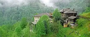 Houses in foggy, tree-covered mountains