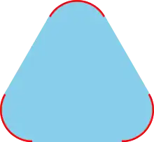 A picture of a smoothed triangle, like a triangular (Mexican) tortilla-chip or a triangular road-sign. Each of the three rounded corners is drawn with a red curve. The remaining interior points of the triangular shape are shaded with blue.