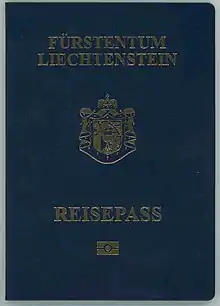 Cover of a Liechtenstein biometric passport.  Cover is blue colour with a gold-coloured crest.  Text reads "FÜRSTENTUM LIECHTENSTEIN" above the crest and "REISEPASS" below