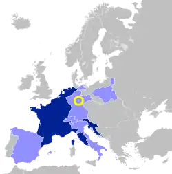 Principality of Erfurt highlighted in yellow within the First French Empire (coloured in blues), shown with 1812 borders