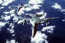 An air-to-air front overhead view of two FB-111As in formation