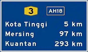 Federal Road distance sign with Asian Highway route shield