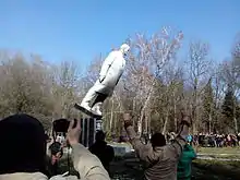 A falling Lenin Monument in Khmelnytskyi, Ukraine