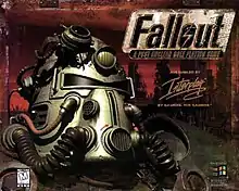 The cover of the Windows version of Fallout. On the left is the metallic head of the Power Armor, with its shoulders taking up the bottom side, and in the background is a desolate city in front of a red sky. The Fallout logo is at the top right corner, underneath which is the logo for Interplay Productions.