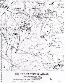 Map shows the positions of the Australian Mounted Division on 12 November and Ottoman divisions' attacks.