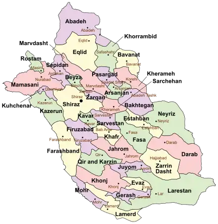 Location of Shiraz County in Fars province (center left, yellow)