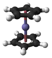 Ball-and-stick model of ferrocene molecule