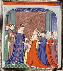 a colourful medieval depiction of two kings meeting in a courtly setting