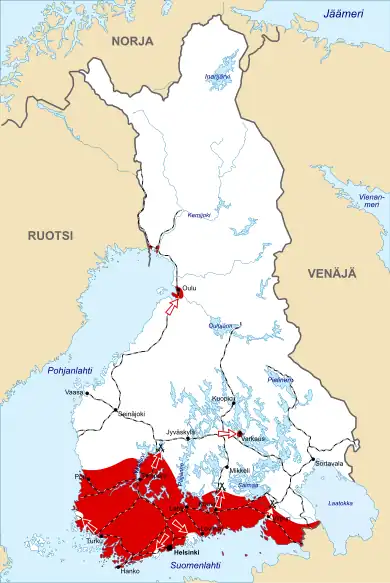 A map illustrating the frontlines and initial offensives of both sides at the beginning of the war. The Whites control most of Central and Northern Finland, excluding minor Red enclaves; the Whites assault these enclaves. The Reds control Southern Finland and commence attacks along the main frontline.