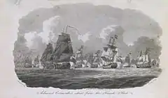 Black and white print of a number of sailing ships on a choppy sea and under a cloudy sky.