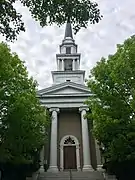 Entrance to the First Presbyterian Church (1856) in Greek Revival style.