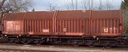 Six-axle UIC standard wagon for coil transport (Sahimmns-u900 owned by DB)