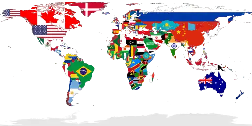 A map showing the flags of the world, in equirectangular projection. The countries shown are the members of the United Nations