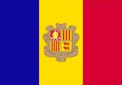 The flag of Andorra, a charged vertical triband.