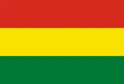 Horizontal tricolor (red, yellow, and green from top to bottom) with the coat of arms of Bolivia in the center