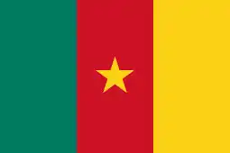 The flag of Cameroon, a charged vertical triband.