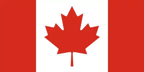 The flag of Canada, a charged vertical triband.