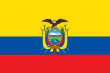 The flag of Ecuador, a charged horizontal triband.