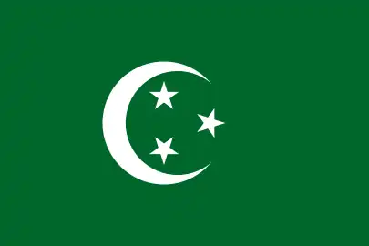 Green flag with a white crescent containing three five-pointed white stars.