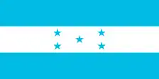 The flag of Honduras, a charged horizontal triband.