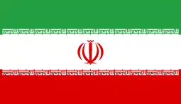 The flag of Iran, a charged horizontal triband.