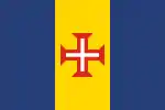 Blue-gold-blue vertical triband with a red-bordered white Cross of Christ.