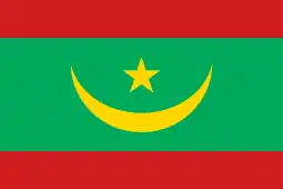 The flag of Mauritania, a charged horizontal triband.