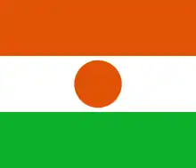 The flag of Niger, a charged horizontal triband.