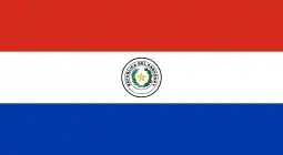 The flag of Paraguay, a charged horizontal triband.