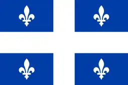 A rectangular flag with a blue background divided into quadrants by thick white lines. Each quadrant has a small white upright fleur-de-lis located in the center of the quadrant.