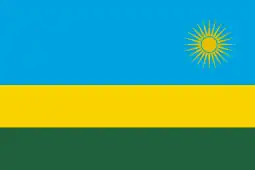 The flag of Rwanda: blue, yellow and green stripes with a yellow sun in top right corner