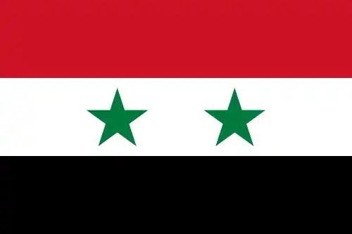 The flag of Syria, a charged horizontal triband.