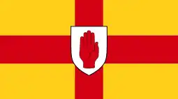 The flag of Ulster: a red cross over a gold background.