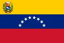 The flag of Venezuela, a charged horizontal triband.