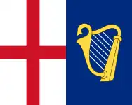 Flag described as "the Parliament Jack", following a decision of the State Council on 23 February 1649: "And that upon the Sterne of the Shipps there shall be the Red Crosse in one Escotcheon, and the Harpe in one other, being the Armes of England and Ireland, both Escotcheons joyned according to the pattern herewith sent unto you.", replaced in 1658.