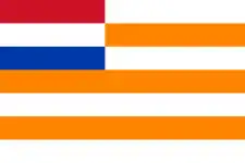 The Orange Free State in South Africa was an independent Boer republic in the late 19th century, then a British colony, then part of the Union of South Africa. The orange colour came from the Orange River, named for the Dutch House of Orange. The Dutch flag is in the canton.