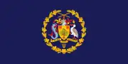 A navy blue flag with a seal in the center.