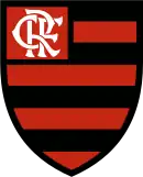 An escutcheon with horizontal red and black stripes, with a monogram of the letters CRF in its upper-left part