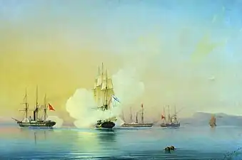 The battle of frigate Flora against Turkish steamships near Pitsunda on 11 November 1853 (1854 painting)