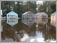 A flooded area, with houses in the background