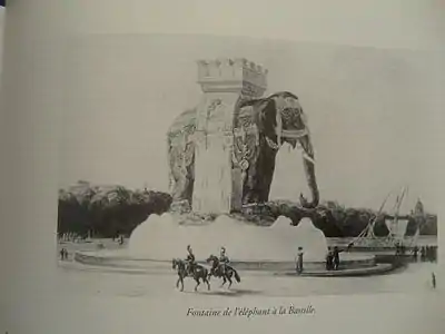 The Fontaine de l'elephant in the Place de Bastille.  The fountain was begun in 1811 but never finished. A full-scale plaster model of the elephant stood in the Square until 1848.  A guardian and his family lived inside one of the feet to protect the monument.