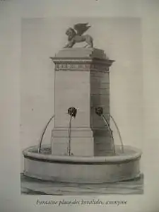 The Fontaine des Invalides (1800-1804),  on the Esplanade of the Hotel des Invalides, built to display the winged lion from the Cathedral of  St. Mark in Venice, The statue was returned after 1815, and the fountain removed in 1840. (Bibliothèque nationale de France, cabinet des estampes)