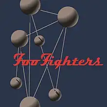 Gray spheres are connected by gray spokes over a blue background. The words "Foo Fighters" appear in red.