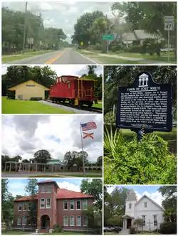 Top, left to right: Florida State Road 47 in Fort White, Fort White Train Depot, Fort White High School, Town of Fort White Historical Marker, Fort White Public School Historic District, Fort White United Methodist Church