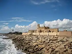 Fort Dansborg, built by the 17th century as seen in 2007; part of the wall is now under the sea.