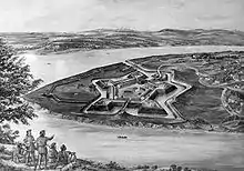 Black and white drawing showing a fort on a point of land surrounded on three sides by a river.  The fort is shaped like a pentagon, with additional diamond-shaped areas connected to each corner.  A trench surrounds the entire structure, with another wall beyond the trench and a bridge connecting the fort to the mainland.  In the foreground, a small group of people are looking across the river towards the fort.